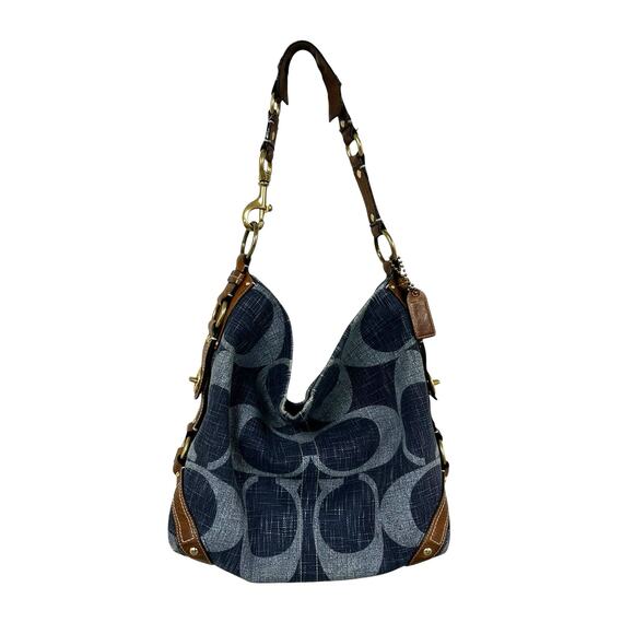 Coach Handbags - Y2K Coach Signature Print Carly Denim Hobo Brown Leather Trim Shoulder Bag